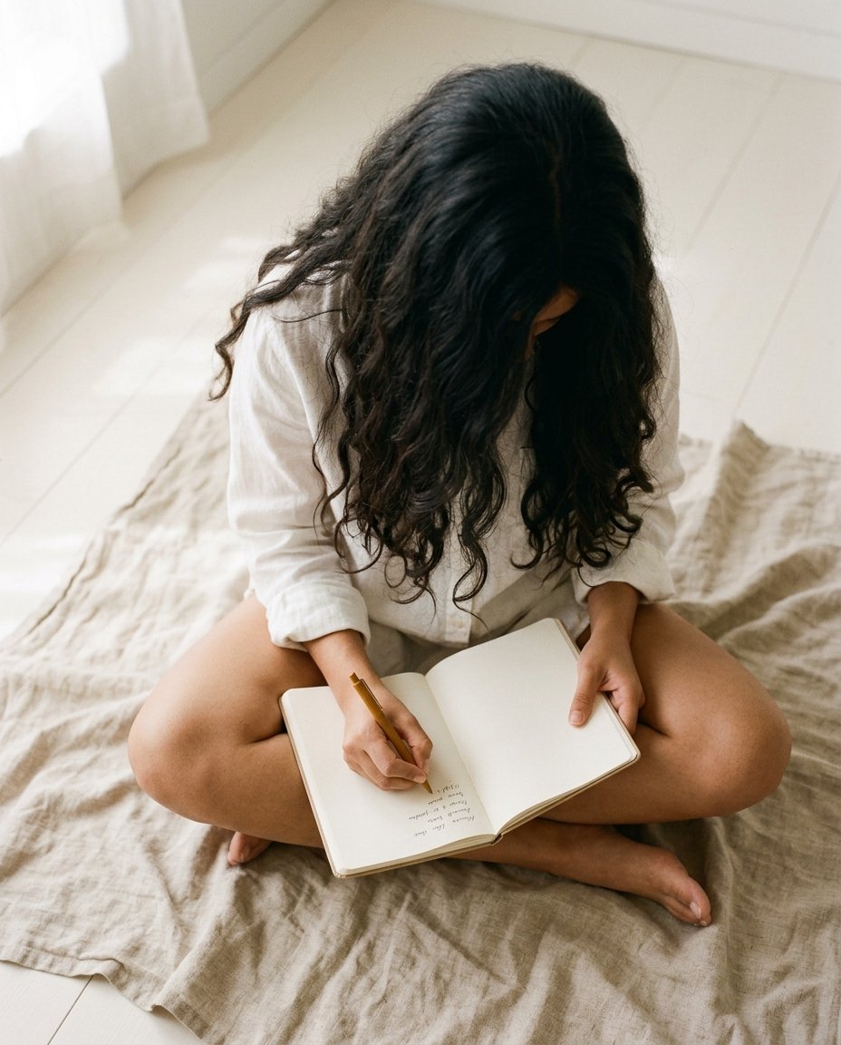 Mujer sentada en el suelo escribiendo una lista en un cuaderno