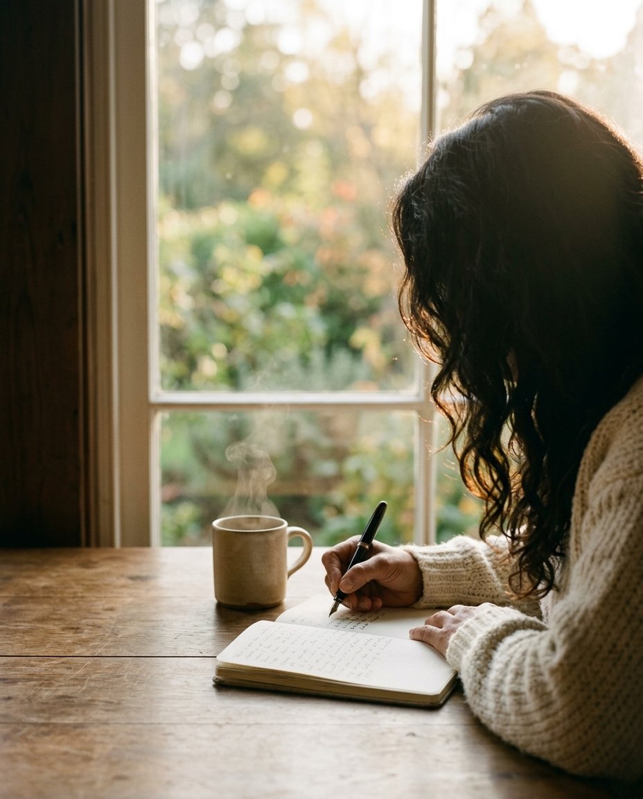 Mujer de espaldas escribiendo en un cuaderno junto a una ventana con luz dorada de la mañana
