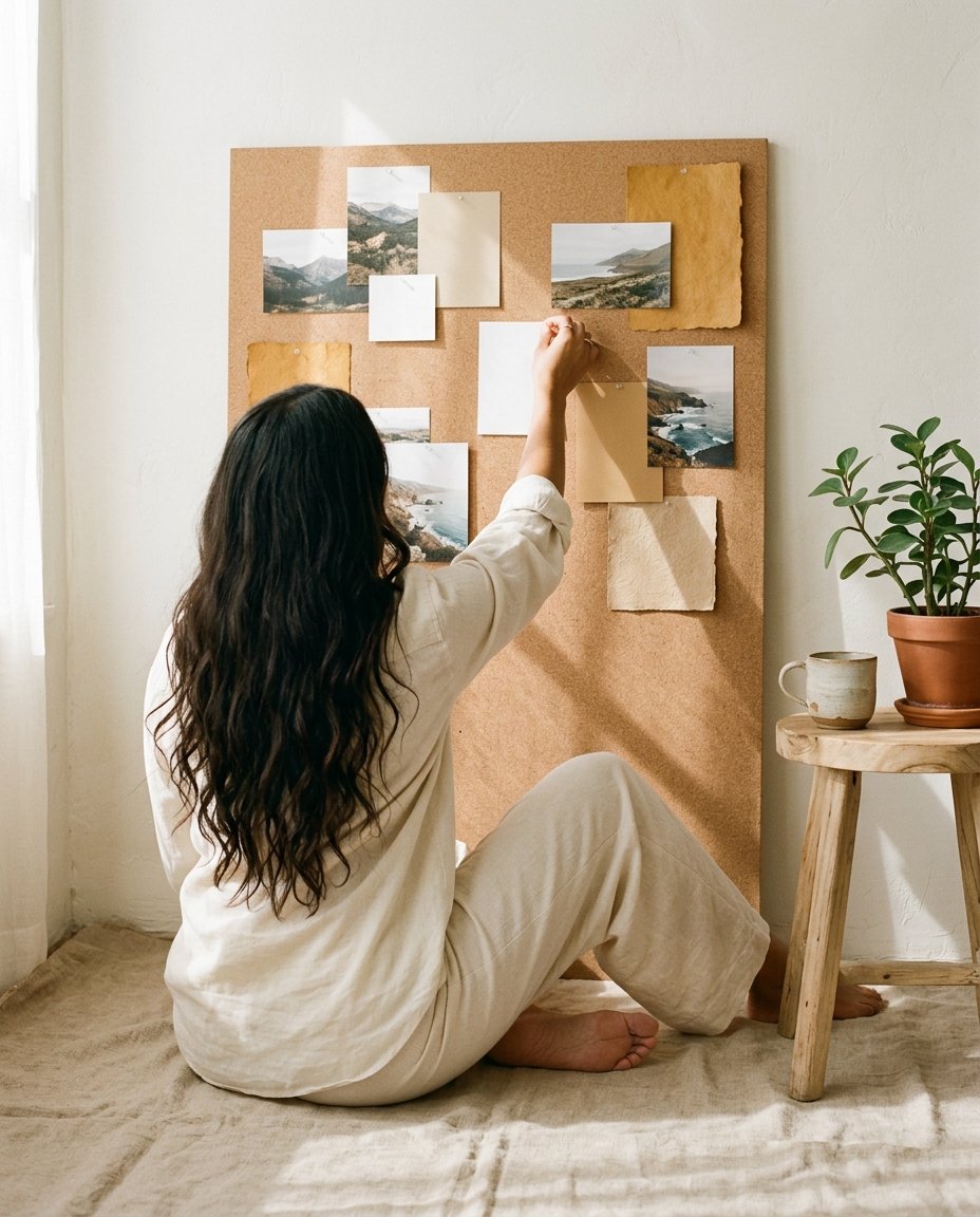 Mujer de espaldas sentada en el suelo eligiendo tarjetas en un tablero de inspiración