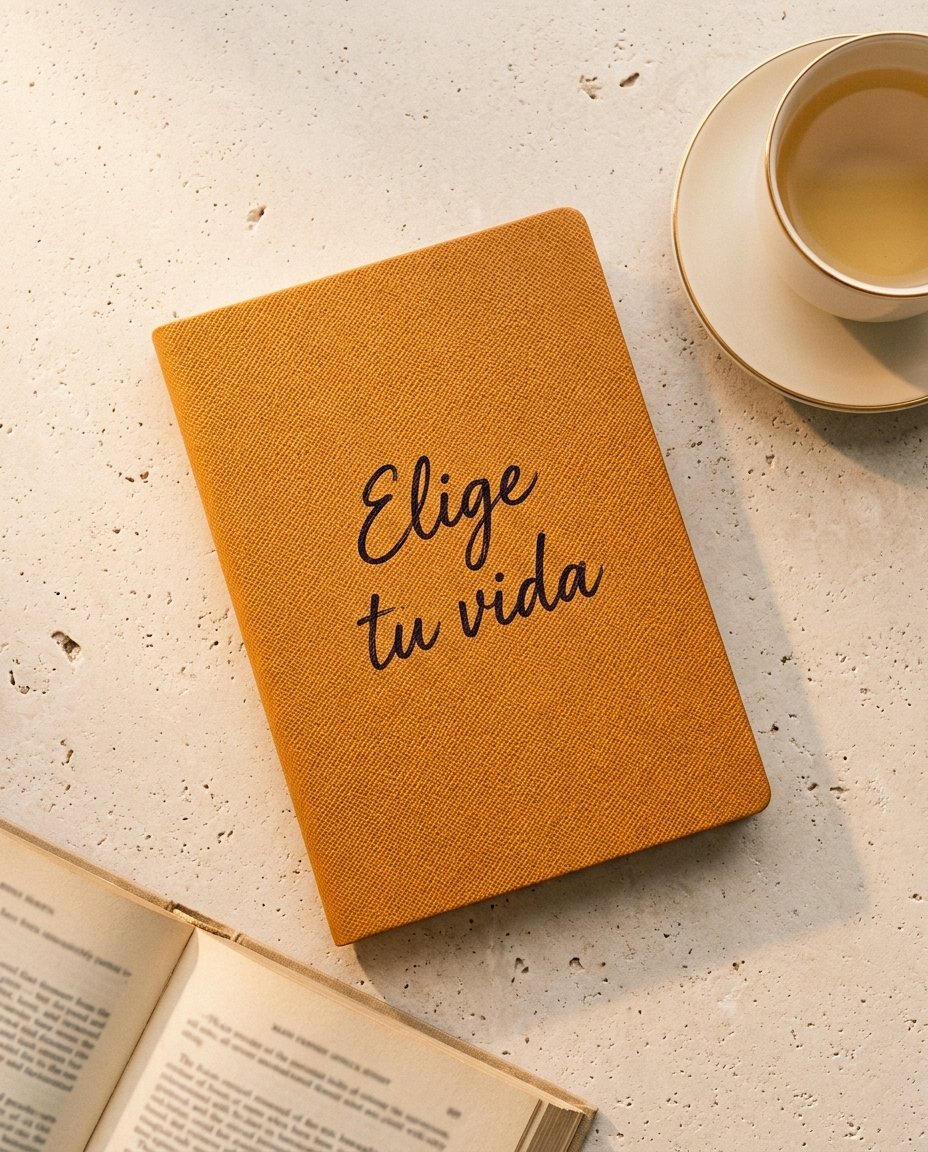 Workbook de Elige Tu Vida con tapa ocre sobre una mesa clara
